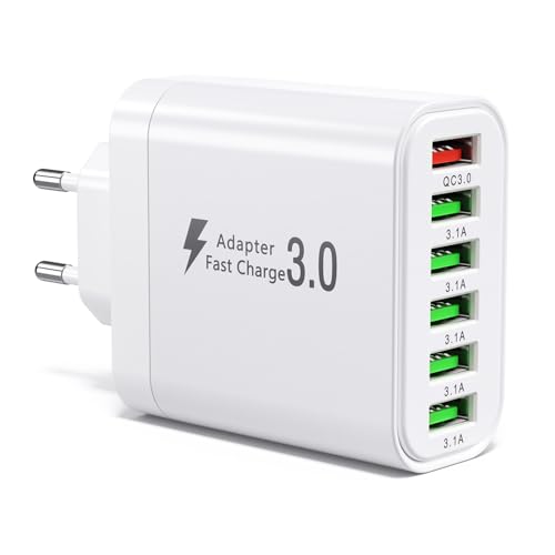 Cargador USB Múltiple 50W, Multi USB Estación de Carga de 6 Puertos, Rápida QC3.0 Adaptador de Enchufe de Pared Compatible con iPhone 11/12/13/14/15/16/iPad/Galaxy S21/S22/S23/S24/Tablet