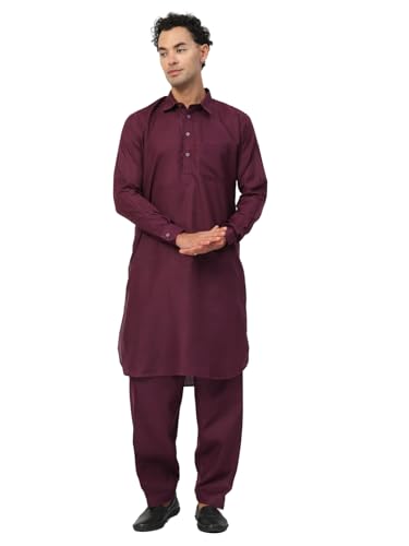 Image of Men's Traditional Pathani Kurta Salwar Set, Red, Long Sleeve, Collared Neck, Cotton Blend, Ethnic Wear