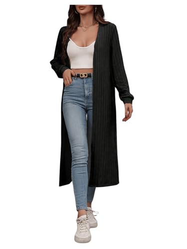 MakeMeChic Women's Rib Knitted Long Cardigan Open Front Long Sleeve Knitted Outwear