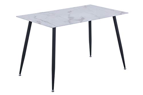 GOLDFAN Table de Salle à Manger en Verre Table à Manger Marbre Rectangulaire Table de Cuisine AVCE Pieds Noire pour Salon Bureau ，110x70x75cm Blanc