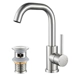 Stainless Steel Basin Mixer Tap with Pop up Waste, 360° Swivel Bathroom Sink Taps Small Kitchen or Bathroom, Single Lever Hot & Cold Water Mixer Basin Faucet, Brushed Nickel