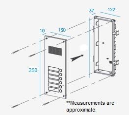 Diagram showing the dimensions and flush-mount installation method for the Commax DR-6UM lobby unit