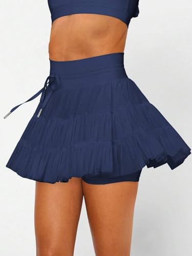 EARKOHA 2025 Skirts for Women High Waist Tie Pleated Solid Color Mini Skirt with Pockets Navy Blue M4