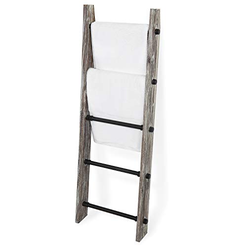 MyGift 4 Ft Torched Wood Farmhouse Blanket Ladder with 5 Matte Black Industrial Pipe Rungs, Wall Leaning Bathroom Towel Ladder Rack steampunk buy now online
