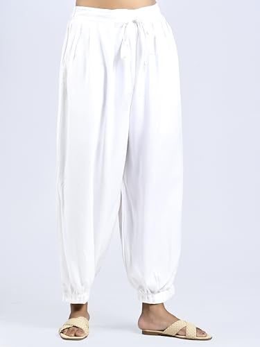 Image of Solid Pattern Relaxed Loose Fit Viscose Afghani Salwar Patiala Pathani with Elastic Waist Baggy Yoga Boho Aladdin Pant Women's Harem Pants