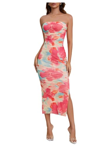 Image of Milumia Women's 2026 Summer Floral Strapeless Tube Top Dresses Side Slit Wedding Guest Bodycon Maxi Dress