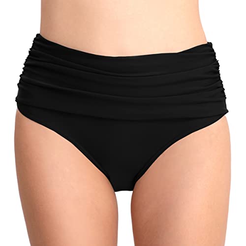 Joweechy Womens High Waisted Bikini Bottoms Vintage Ruched Tummy Control Swim Shorts Swimming Briefs Swimwear XL/Black
