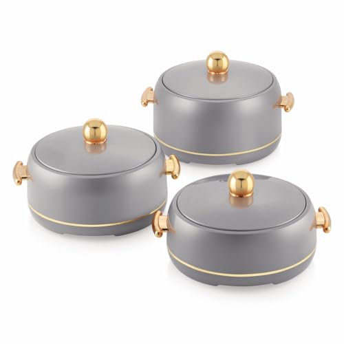 Image of Modware Atlantis Casserole Set of 3-1500ml /2000ml /2500ml Elegant Design Premium Hot Pot, Retains Temperature for Hours, Insulated Inner Steel Casserole for Roti Hot Box for Home Chapati Box (Grey)