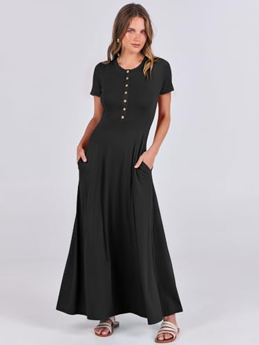 ANRABESS Women Summer Maxi Dress 2025 Casual Short Sleeve Button Fit & Flare A-Line Flowy Long Dresses with Pockets2