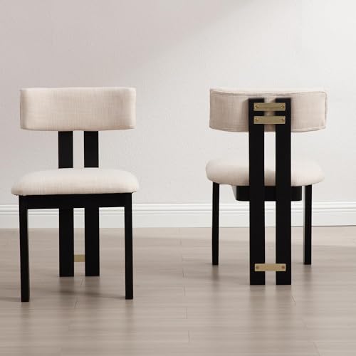 Wahson Linen Dining Chairs Set of 2, Farmhouse Fabric Kitchen Chairs with Black Hardwood Legs,Armless Upholstered Accent Chairs for Dining Room, Beige