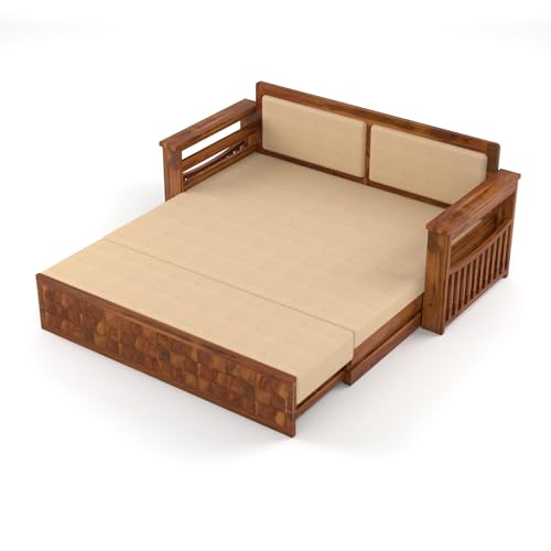 Image of Sheesham Wooden 3 Seater Sofa Cum Bed with Storage - Modern Daybed with Upholstered Backrest | Living Room Convertible Sofa Bed - Wooden Sofa Cum Bed with Mattress (Design 1)