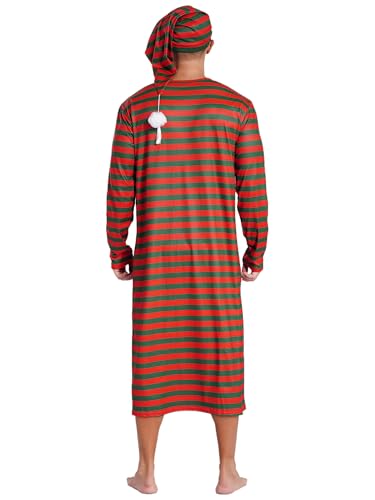 iiniim Mens 2 Piece Pajama Set Soft Loose Striped Nightshirt with Sleeping Cap Sleepwear Nightwear3