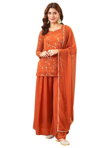 Image of MOKOSH Women's Georgette Short Kurti Palazzo with Dupatta | Short Kurti Set |Ethnic Kurta Set for Women | Sweetheart Neck Full Sleeve | Indian Kurta Outfit With Palazzo Pants