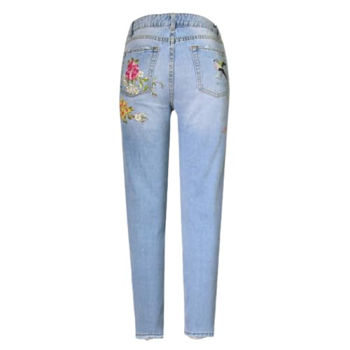 Womens Vintage High Waist Floral Embroidered Straight Jeans Cropped Ankle Length Denim Pants3