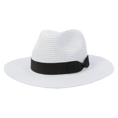 LTHTX Unisex Straw Summer Panama Hat, Wider Brim Sun Hat with Black Band (one Size fits All) (A: Square,White) Cover