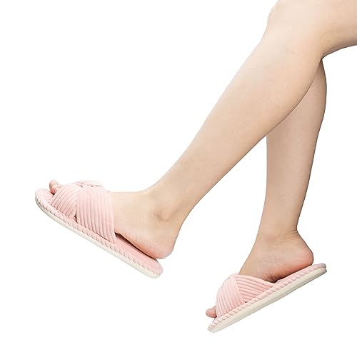 Image of Chantomoo Slippers for Women Memory Foam House Womens Slipper Slides Home Bedroom Bathroom Spa Open Toe Corduroy Bow Slippers Cozy Comfortable