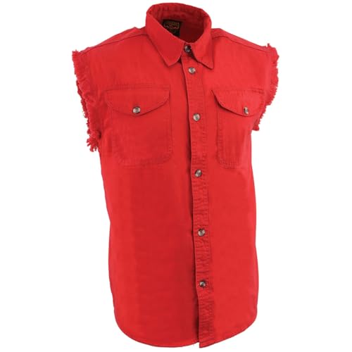 Image of Milwaukee Leather DM4009 Men's Sand Lightweight Denim Shirt with with Frayed Cut Off Sleeveless Look