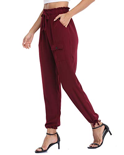 andy & natalie Women\'s Elastic Waist Cargo Drawstring Pants Paper Bag Pockets Ankle Tie Jogger Sweatpants Trouser Wine Red