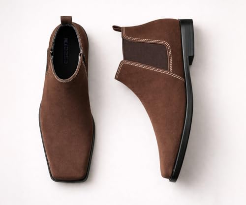 Image of Kraasa THE Ashford - Men's Stylish Vegan Leather Chelsea Boots with Side Zipper & Elastic Panel, Square Toe Ankle Boot (Tan /Black /Brown)