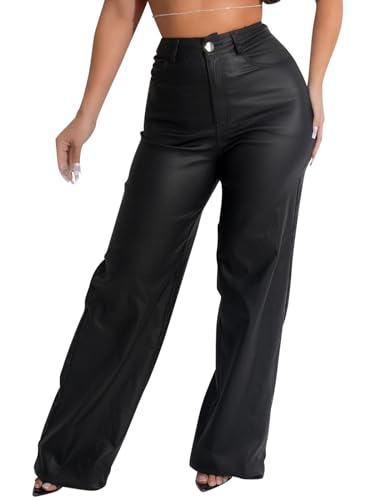 Zebaexf Women's Faux Leather Pants Straight Wide Leg Leather Pants Matte Black XL
