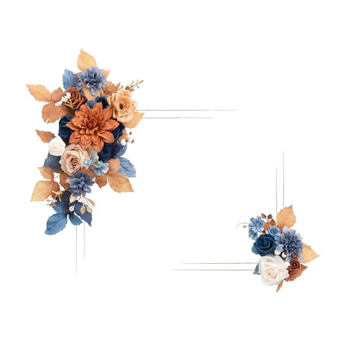Ling's Moment 2pcs Artificial Welcome Sign Swag Wedding Arch Flowers Backdrop Decorations Floral Garland Orange Terracotta Navy Blue Rose Ceremony Party Reception board Door Wall Home Entryway Outdoor