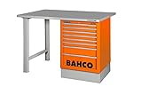 Bancos de trabajo modelo Banco de trabajo «heavy duty» color naranja de 1800 mm x 750 mm x 1030 mm con encimera de acero, dos patas y seis cajones