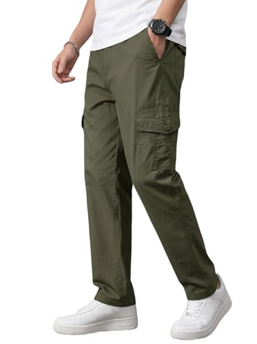 Image of Men's Cargo Trousers-100% Premium Cotton Regular Fit Lightweight Breathable Elastic Waist Multi-Pocket Casual Utility Pants