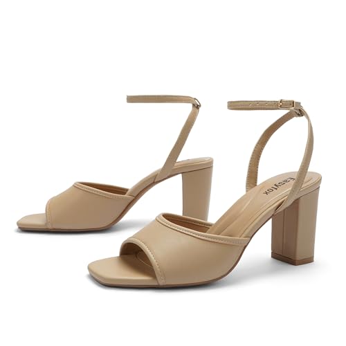 Image of Easyfox Open Toe Chunky Heel Sandals for Women Ankle Strap 3 Inch High Heels Dress Wedding Block Shoes