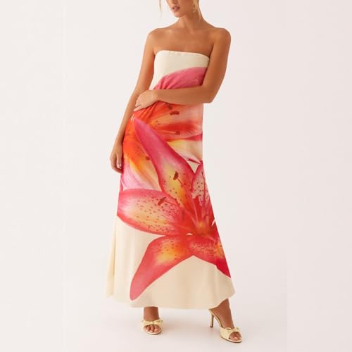 Image of Women Y2k Strapless Maxi Dress Summer Backless Floral Long Tube Dress Off Shoulder Cocktail Party Dress