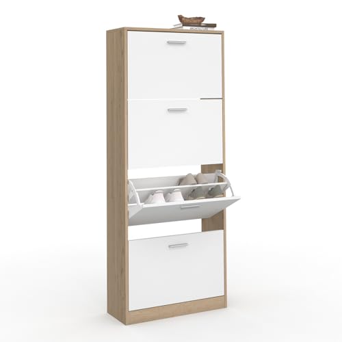 IDMarket - Zapatero 24 pares KLARK, imitación de haya, 4 puertas blancas