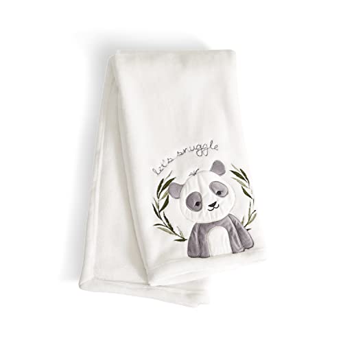 Image of Levtex Baby - Mozambique Plush Blanket - Appliqued and Embroidered Panda on Cream Plush - Cream, Grey and Green - Nursery Accessories - Blanket Size: 30 x 40 in.
