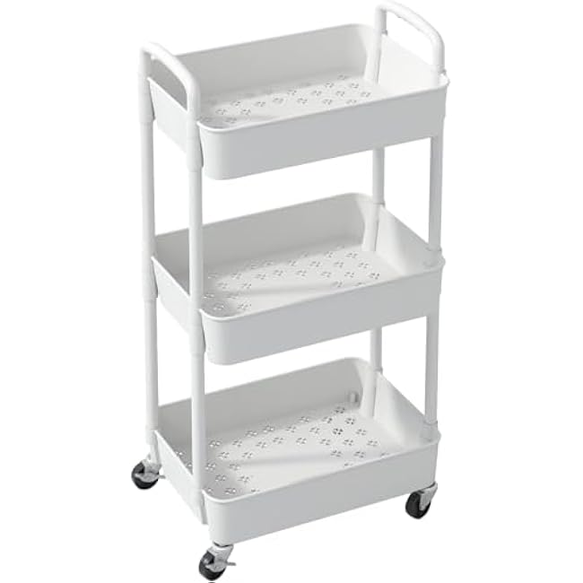 3-Layer Rolling Multifunctional Handcart - Heavy-Duty Multifunctional Storage Box Suitable for Offices, Kitchens, Living Rooms, and bathrooms - Easy to Assemble Plastic Rack with Drawers (White)-7TsvfBmu
