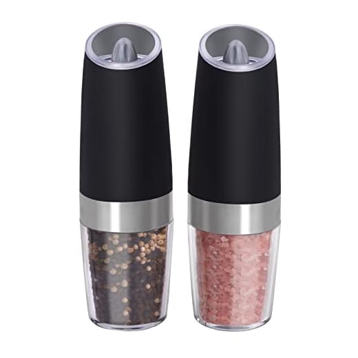 Gravity Electric Salt and Pepper Grinder Set, SPAZEL Automatic Pepper and Salt Mill Grinder with Adjustable Coarseness, Battery Powered with LED Light, One Hand Operated Grinders (With a Bonus Stand)
