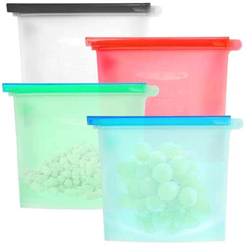 4 Piezas Bolsas Silicona Reutilizables, 1L Bolsas Para Congelar Alimentos Silicon con Clips de Cierre Resistentes al Calor Bolsas de Congelación Reutilizables para Frutas Verduras Leche Carne