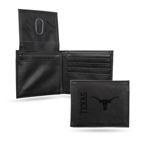 Image of Rico Industries NCAA Texas Longhorns Billfold Wallet, Brown - Laser Engraved Vegan Leather, 4 Card Slots, ID Window
