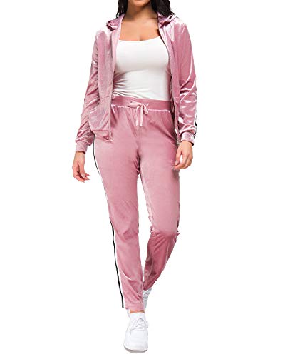 TOP-MAX Women's Velour Stripe Jogging Zipped Hoodie, Fashion Sport Suit, Hoodie and Pants Sports Suits Tracksuits