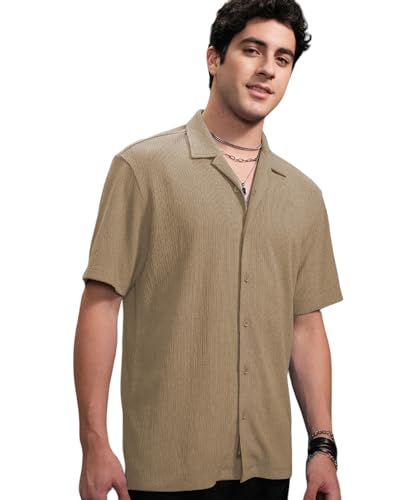 Image of Men's Drop Shoulder Button Collar Tshirt (42, Light Brown)