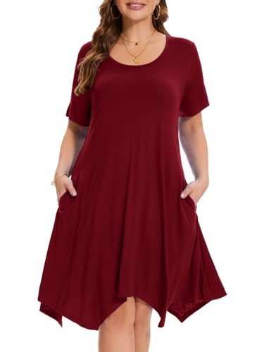 Image of ZENNILO Plus Size Tshirt Dress with Pockets Casual Summer Dresses Crew Neck Short Sleeve Swing Dress for Women