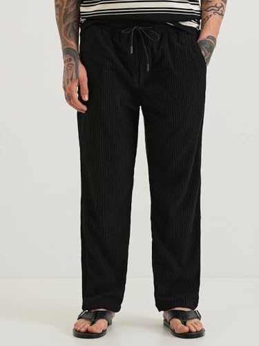 Image of Banana Club Deep Black Corduroy Pant - Regular Fit, Solid, Corduroy Casual Trousers with Textured Fabric, Comfortable Fit