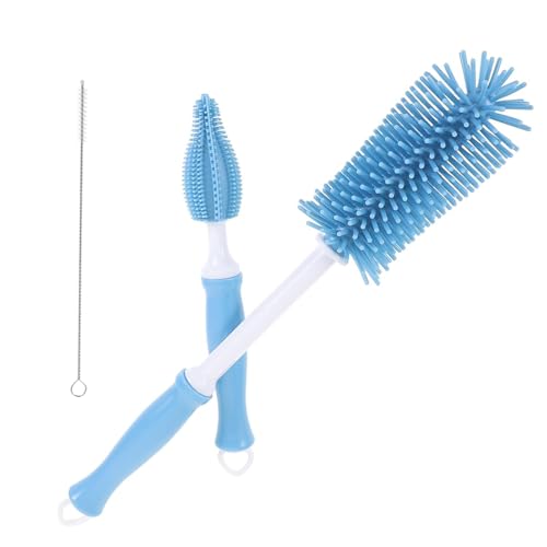 ToolHouse 3-In-1 Straight Handle Silicone Bottle Brush Portable Water Bottle Cleaner Hangable Bottle Cleaning Brush Kit with Bottle Brush Straw Brush Nipple Brush (Blue)