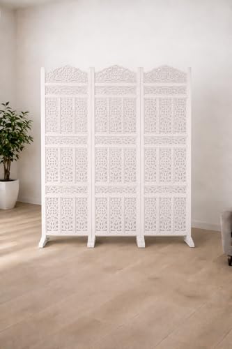 Image of Home & Goods International Wooden Room Divider Partition - Foldable Wood Screen Separator for Living Room, Bedroom, Office, Restaurant || Kangra Badrun Design, White (3 Panel with Stand)