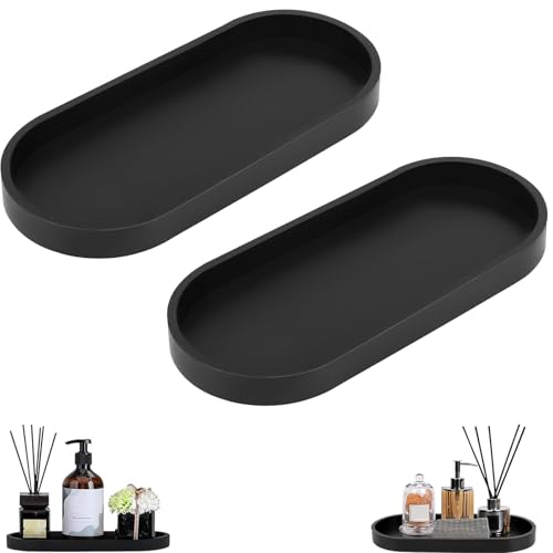 2 bandejas de baño de silicona negra, ovaladas, negras, organizadoras multifuncionales, para baño, cocina, cosméticos, lavabo, bañera y fregadero de cocina
