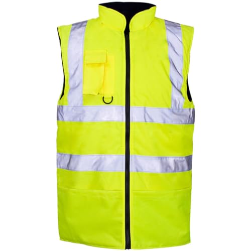 HI VIS VIZ BODY WARMER VISIBILITY SAFETY WORK REFLECTIVE FLEECE REVERSIBLE WATERPROOF GILET WAISTCOAT WITH PHONE POCKET (YELLOW, M)