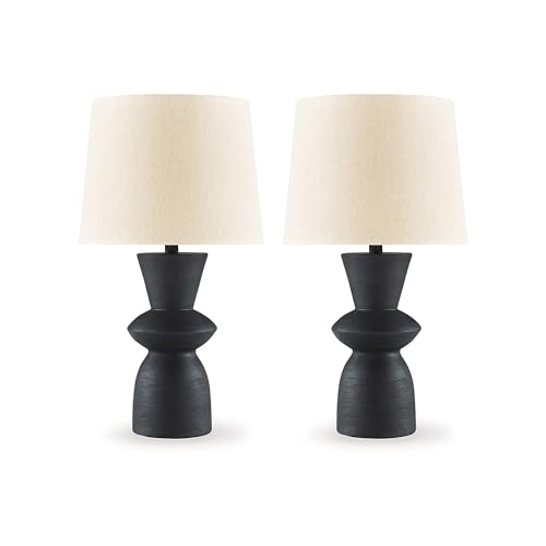 25 Inch Table Lamp Set of 2, Black Sculptural Solid Base, Drum Hardback by Benzara - Used condition - US$153.45