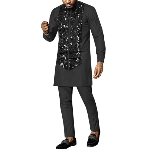 SEA&ALP African Suit for Men Dashiki Fashion Sequin Clothing Shirt and Pants Ethnic 2 Piece Outfit