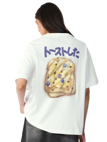 T-shirt graphique blanc femme coton col rond manches courtes oversize léger