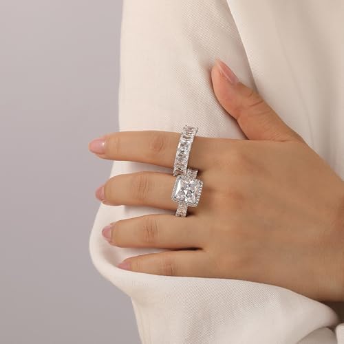 Jeulia 2 PC Radiant Cut Wedding Ring Set for Women; 925 Sterling Silver 3.2ct Cushion Cut Three Sided Pave Eternity Ring Cubic Zirconia Engagement Anniversary Bridal Set with Jewelry Gift Box3