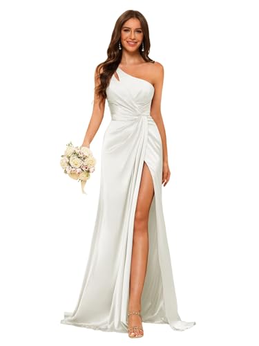 Image of vintys Women's One Shoulder Ruched Bridesmaid Dresses Long with Slit Satin Formal Prom Dress VS117