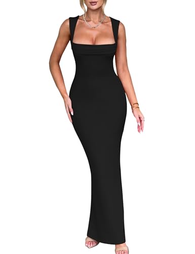 Women's Elegant Sleeveless Square Neck Bodycon Ruched Long Evening Party Dress