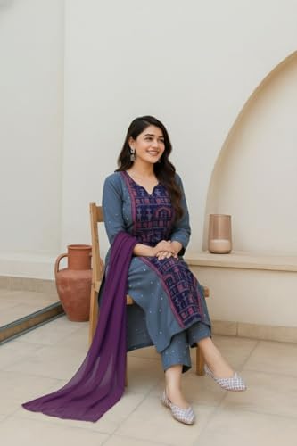 Image of ANNI Designer Women's Rayon Viscose Printed Straight Kurta with Pant and Dupatta | Stylish Ethnic Wear Set for Women | Casual, Festive & Office Wear Kurti Set